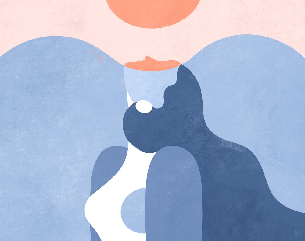 Image: illustration by Maggie Stephenson of a woman floating in blue looking up at the sun.
