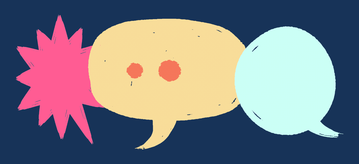 Image description: navy background with illustrations of three speech bubbles in yellows, pinks and pale greens.